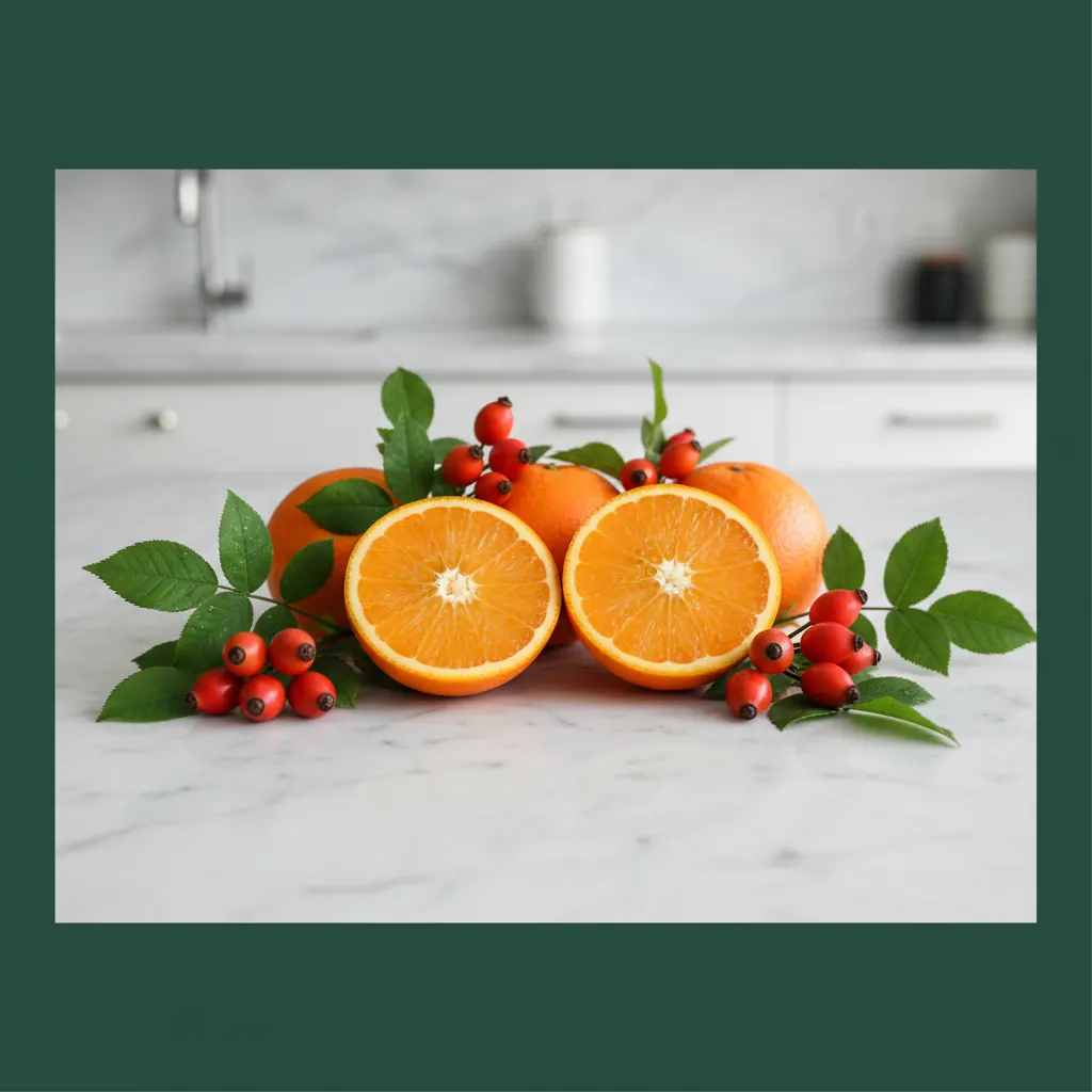 Verse citrusvruchten, rozenbottels en groene bladeren op een licht marmeren oppervlak als illustratie van de ingrediënten in Kirona Endurance Matrix