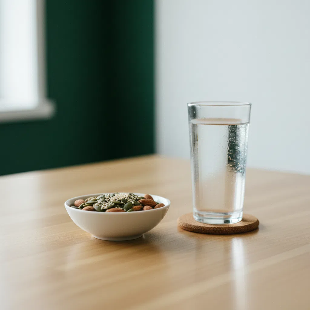 Amandelen, pompoenpitten en sesamzaad in keramische kommetjes op een houten tafel als illustratie van magnesium en zink