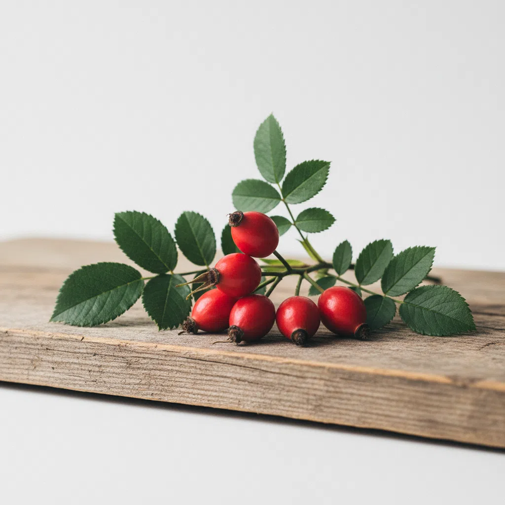Verse rozenbottels en groene kruiden op een rustieke houten ondergrond als illustratie van rozenbottelextract in het supplement